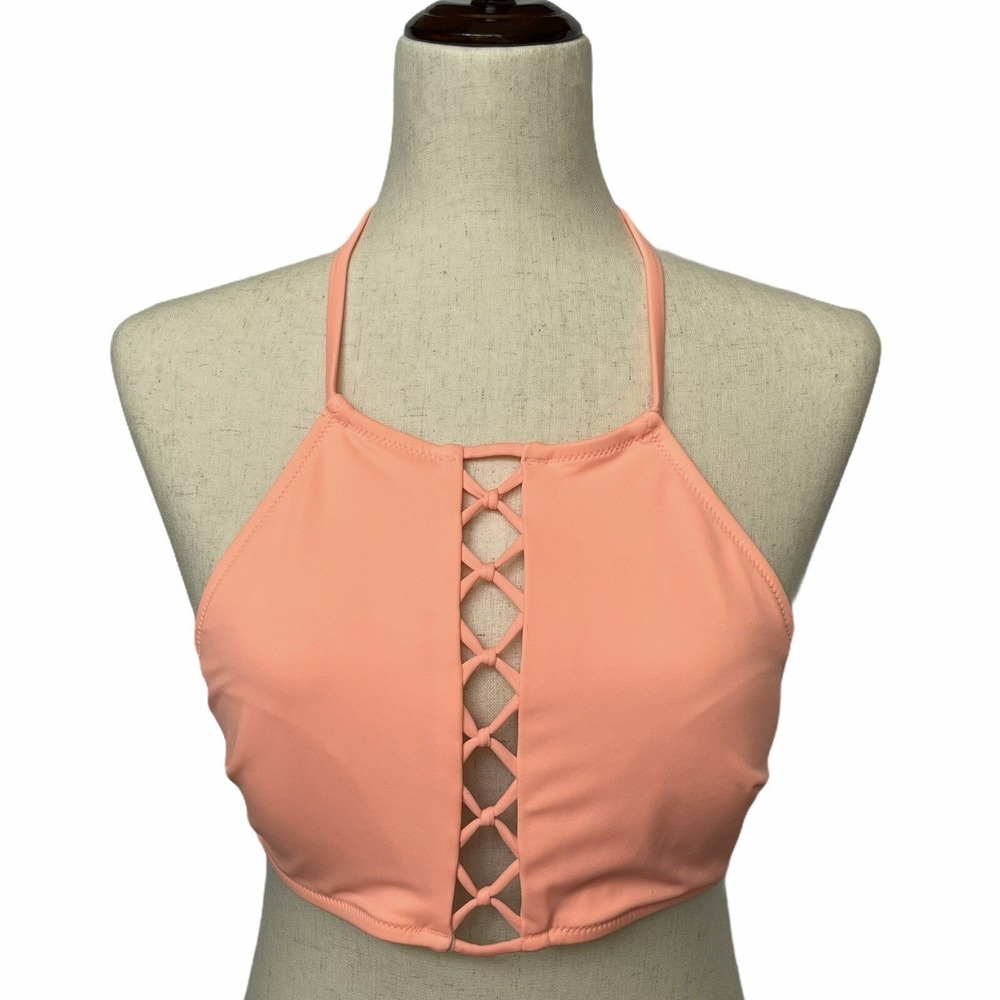 PINK Victoria's Secret Bikini Top Women S Peach High Neck Lattice Excellent